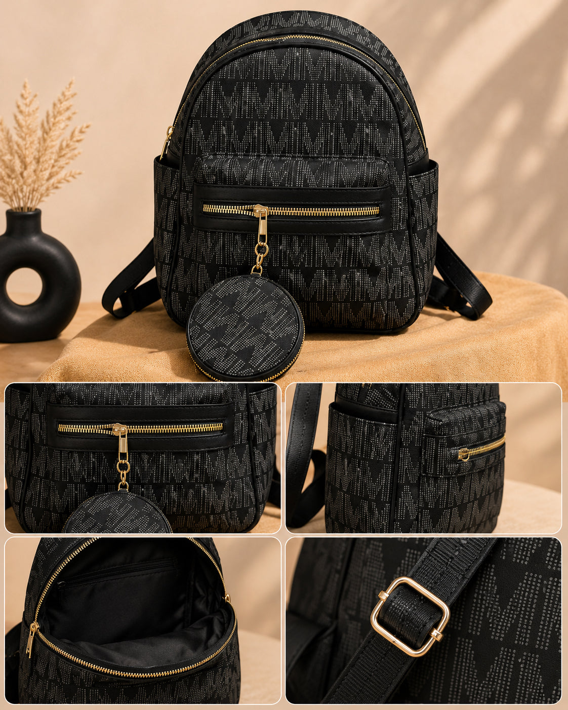 Elegant Two-Tone Backpack Set with Matching Round Pouch image 12