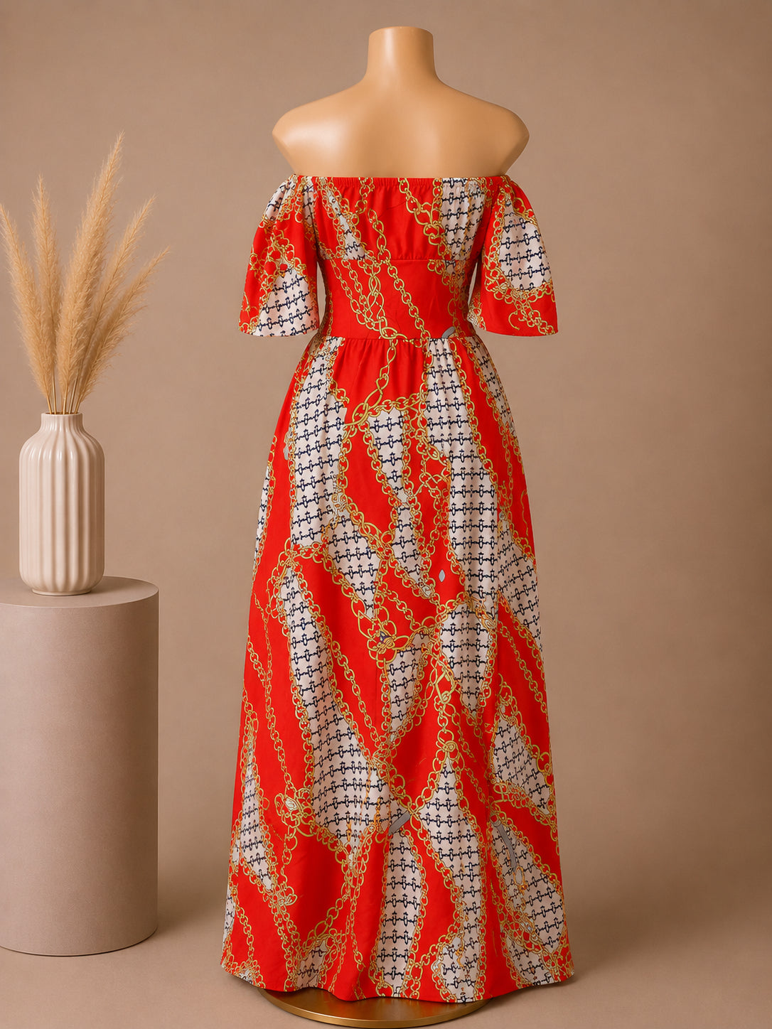 Elegant Off-Shoulder Chain Print Maxi Dress – Red image 1