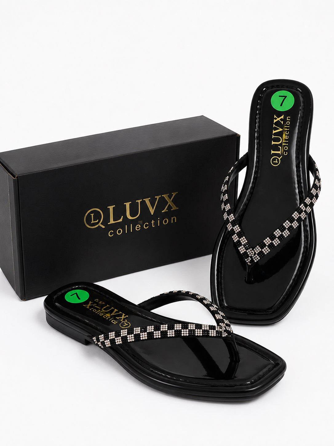 Women’s Rhinestone Strap Square Toe Flat Sandals – Black image 0