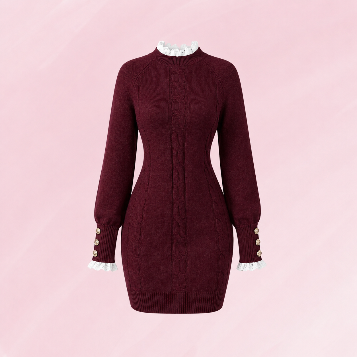 Women's Cable Knit Long Sleeve Bodycon Sweater Dress- burgundy