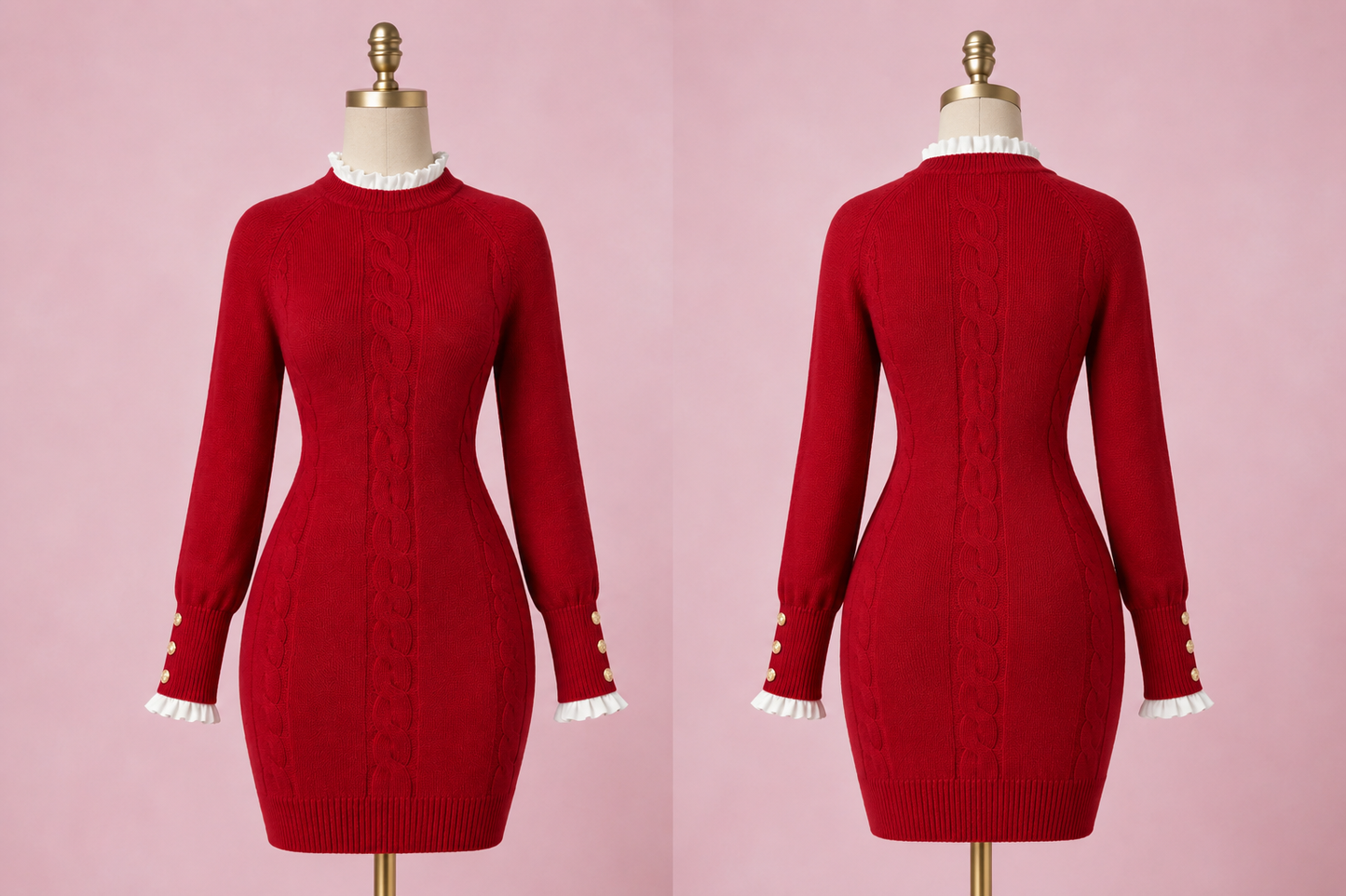 Women's Cable Knit Long Sleeve Bodycon Sweater Dress – Red