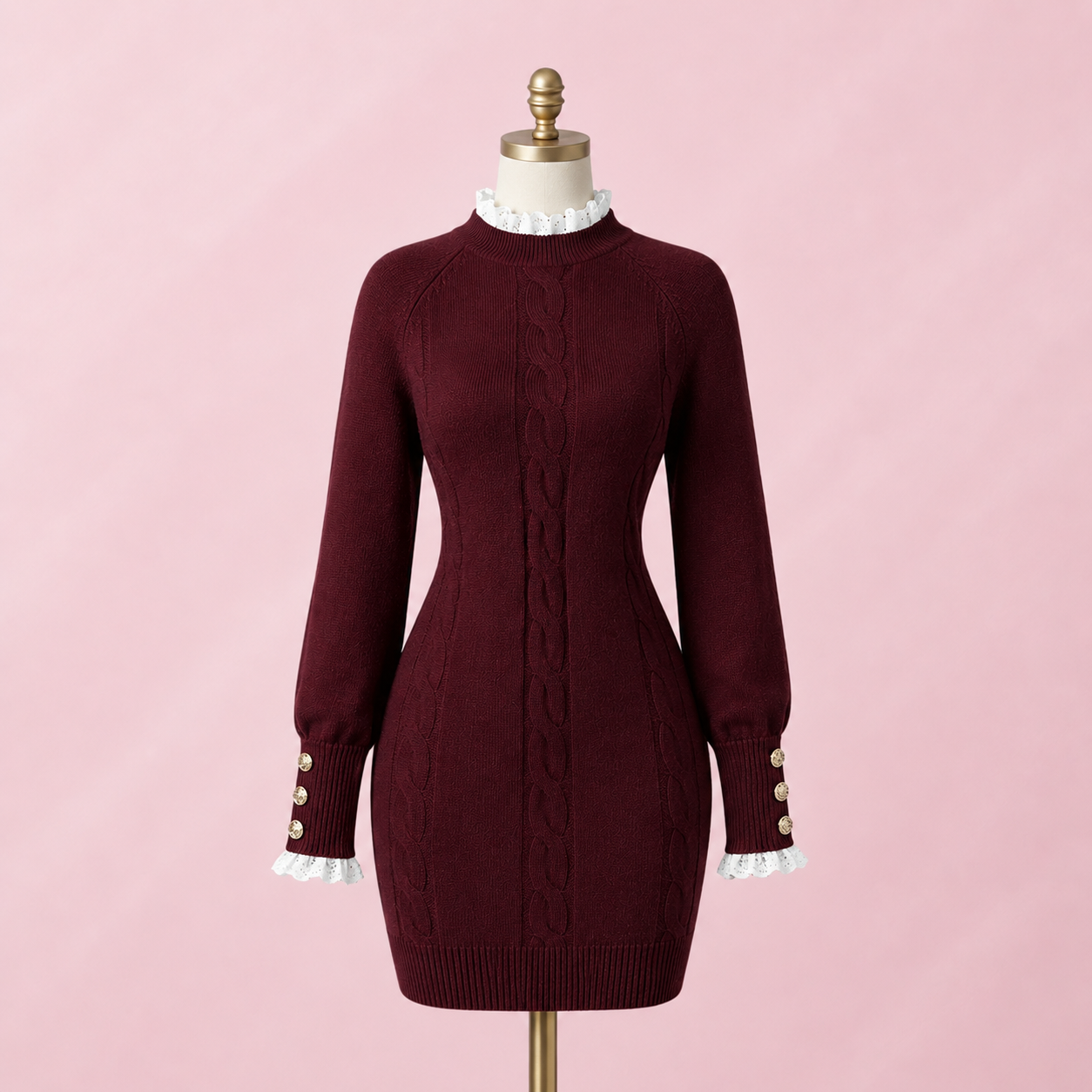 Women's Cable Knit Long Sleeve Bodycon Sweater Dress- burgundy