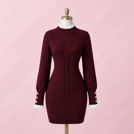 Women's Cable Knit Long Sleeve Bodycon Sweater Dress- burgundy