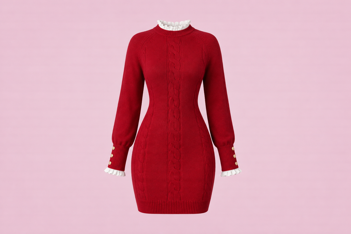 Women's Cable Knit Long Sleeve Bodycon Sweater Dress – Red