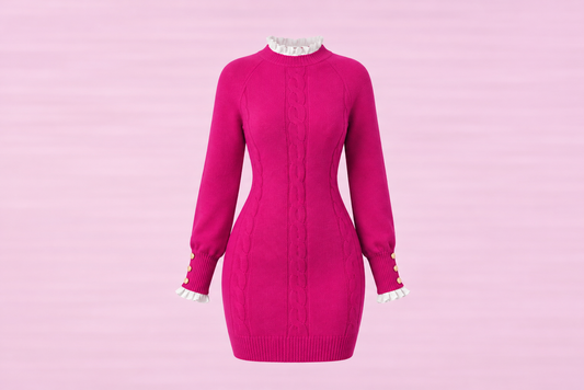 Women's Cable Knit Long Sleeve Bodycon Sweater Dress – Hot pink
