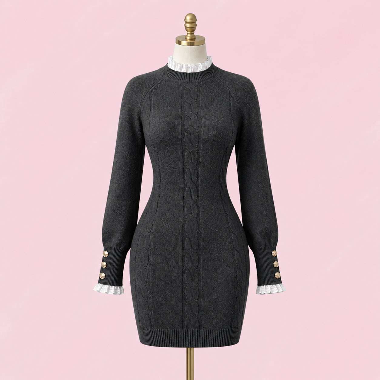 Women's Cable Knit Long Sleeve Bodycon Sweater Dress- Gray