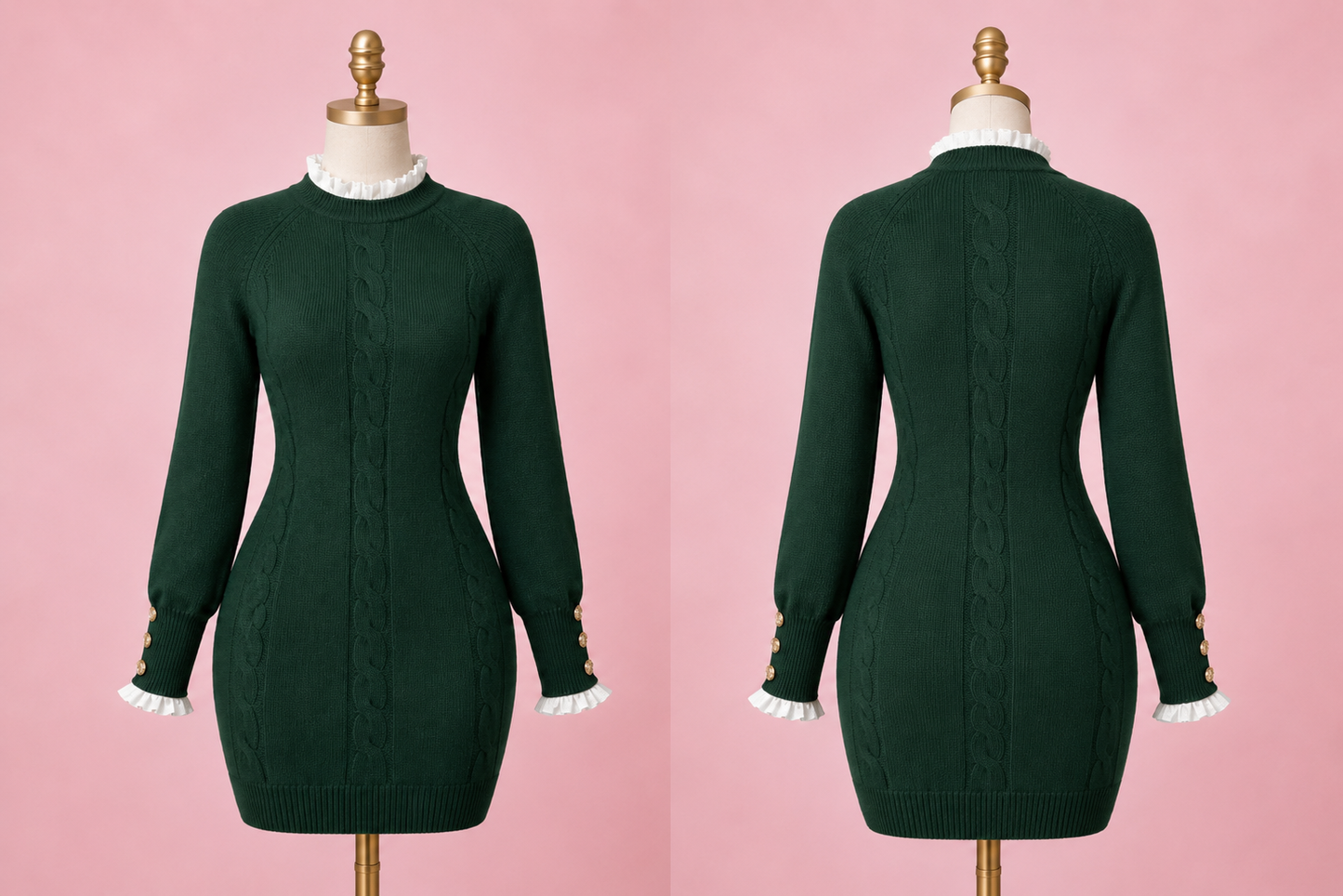 Women's Cable Knit Long Sleeve Bodycon Sweater Dress- Green