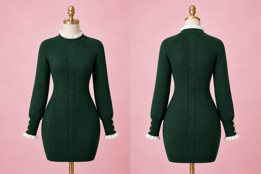 Women's Cable Knit Long Sleeve Bodycon Sweater Dress- Green