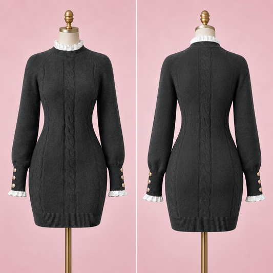 Women's Cable Knit Long Sleeve Bodycon Sweater Dress- Gray